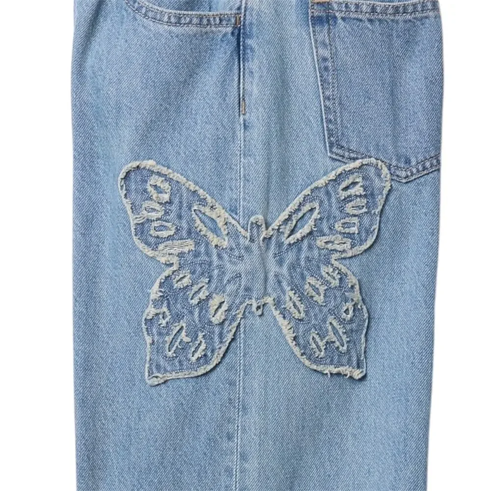 Gap Kids Butterfly Patch Wide Leg Jeans Y2K Denim Boho Aesthetic Sz Kids 12 Plus